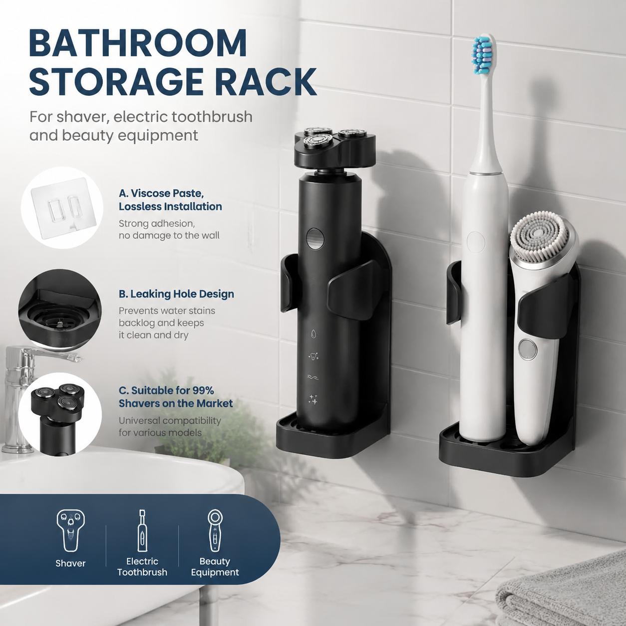 Home Essentials Bathroom Rack - Support mural auto-adhésif étanche pour brosses